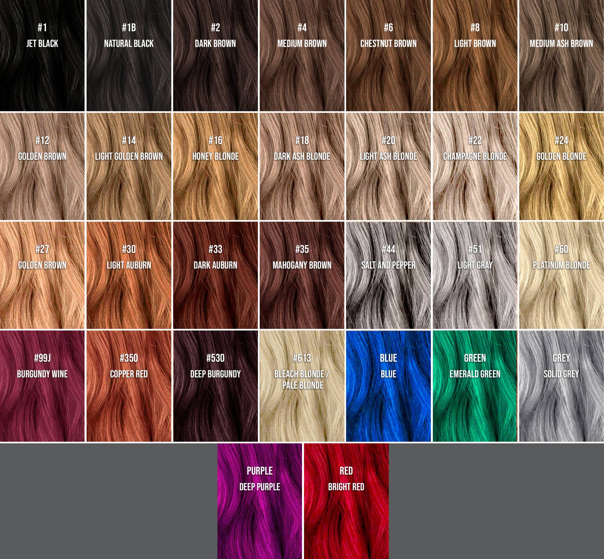 Hair Extensions colour chart - solid colours