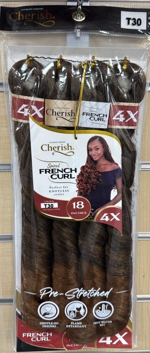 Cherish 4X Pre Stretched Spiral French Curl 18". 100% Pre-stretched premium fiber. Bouncy spiral curls that last. Soft touch. Light weight.