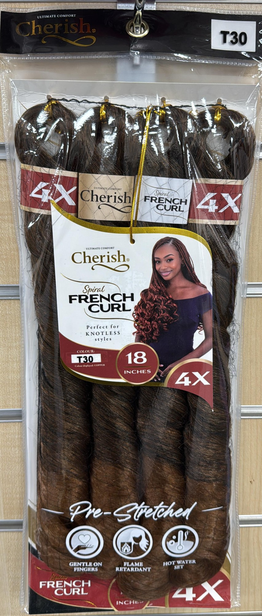 CB4XSFC18T30 Cherish 4X Pre Stretched Spiral French Curl 18". 100% Pre-stretched premium fiber. Bouncy spiral curls that last. Soft touch. Light weight.